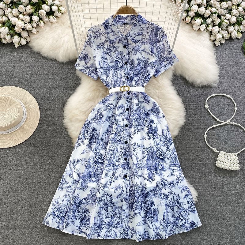 Blue & White Floral Midi Dress