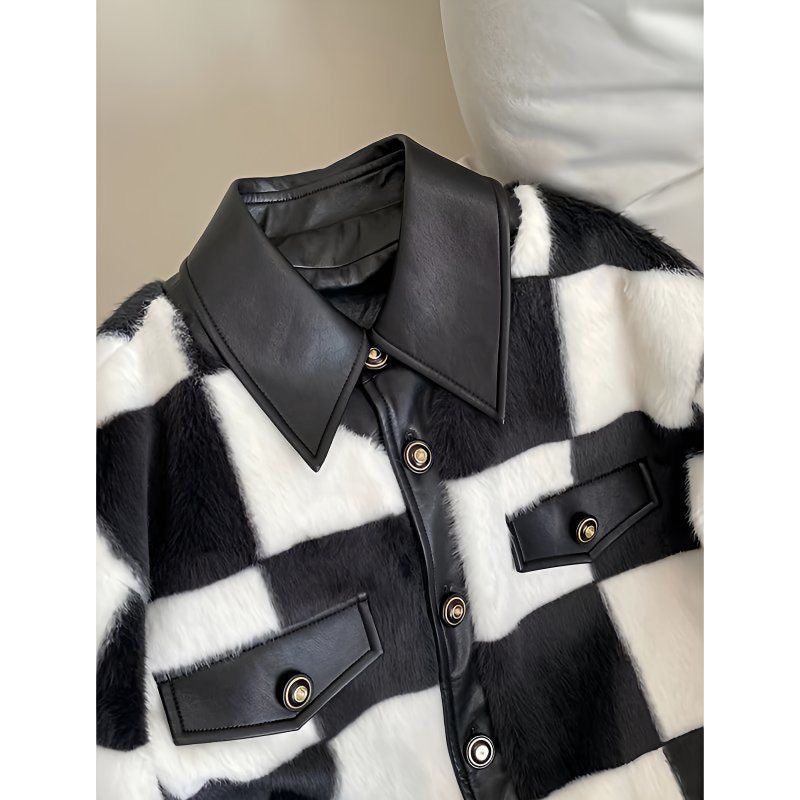 Checkered Faux Fur & Leather Jacket