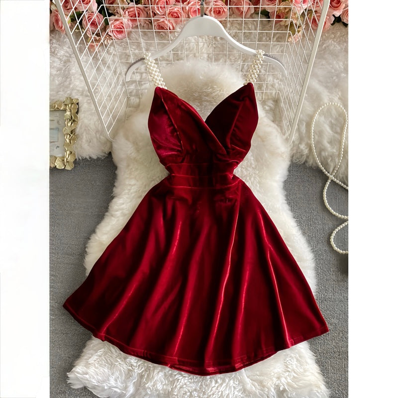 Pearl-Strap Velvet Slip Dress 💋