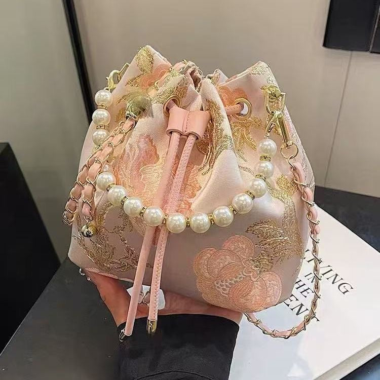 Blush Elegance Pearl-Embellished Bucket Bag