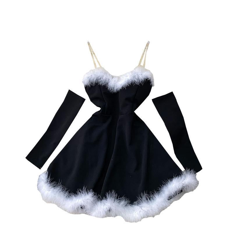 Enchanting Christmas Feather Trim Dress