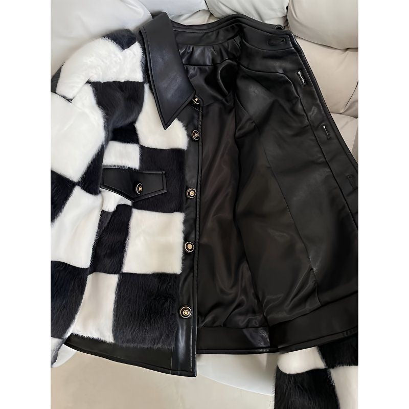 Checkered Faux Fur & Leather Jacket