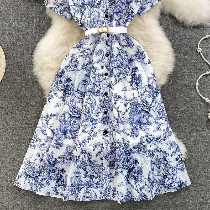 Blue & White Floral Midi Dress