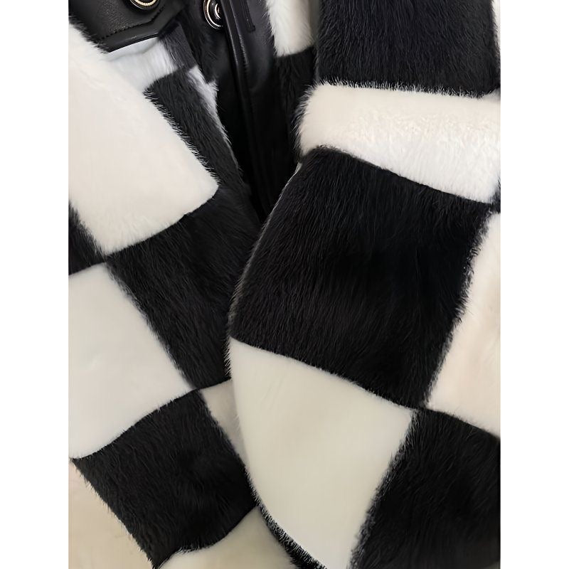Checkered Faux Fur & Leather Jacket