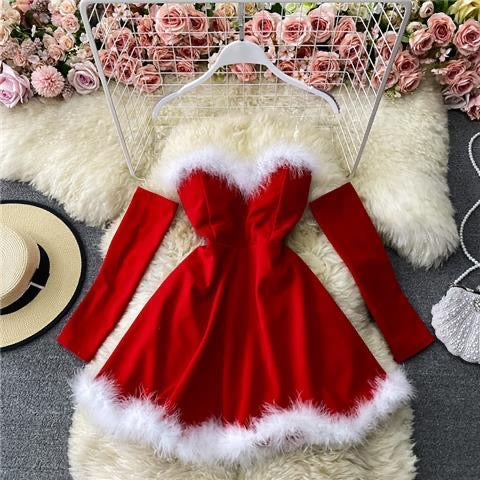 Enchanting Christmas Feather Trim Dress