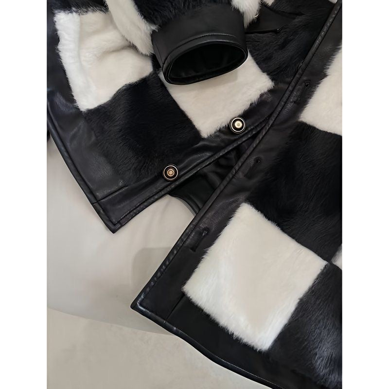 Checkered Faux Fur & Leather Jacket