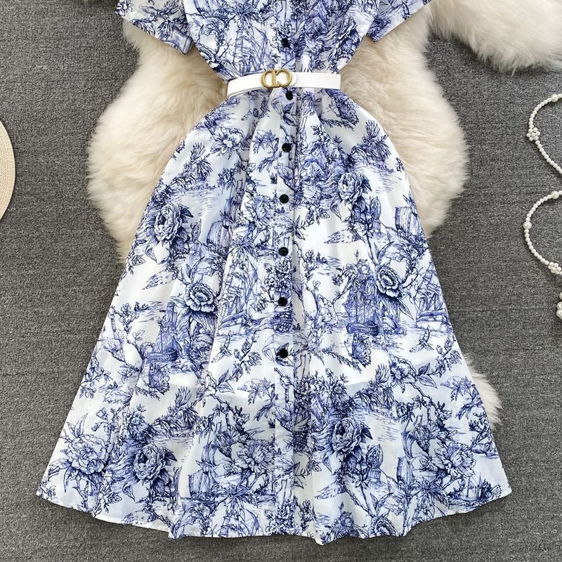 Blue & White Floral Midi Dress