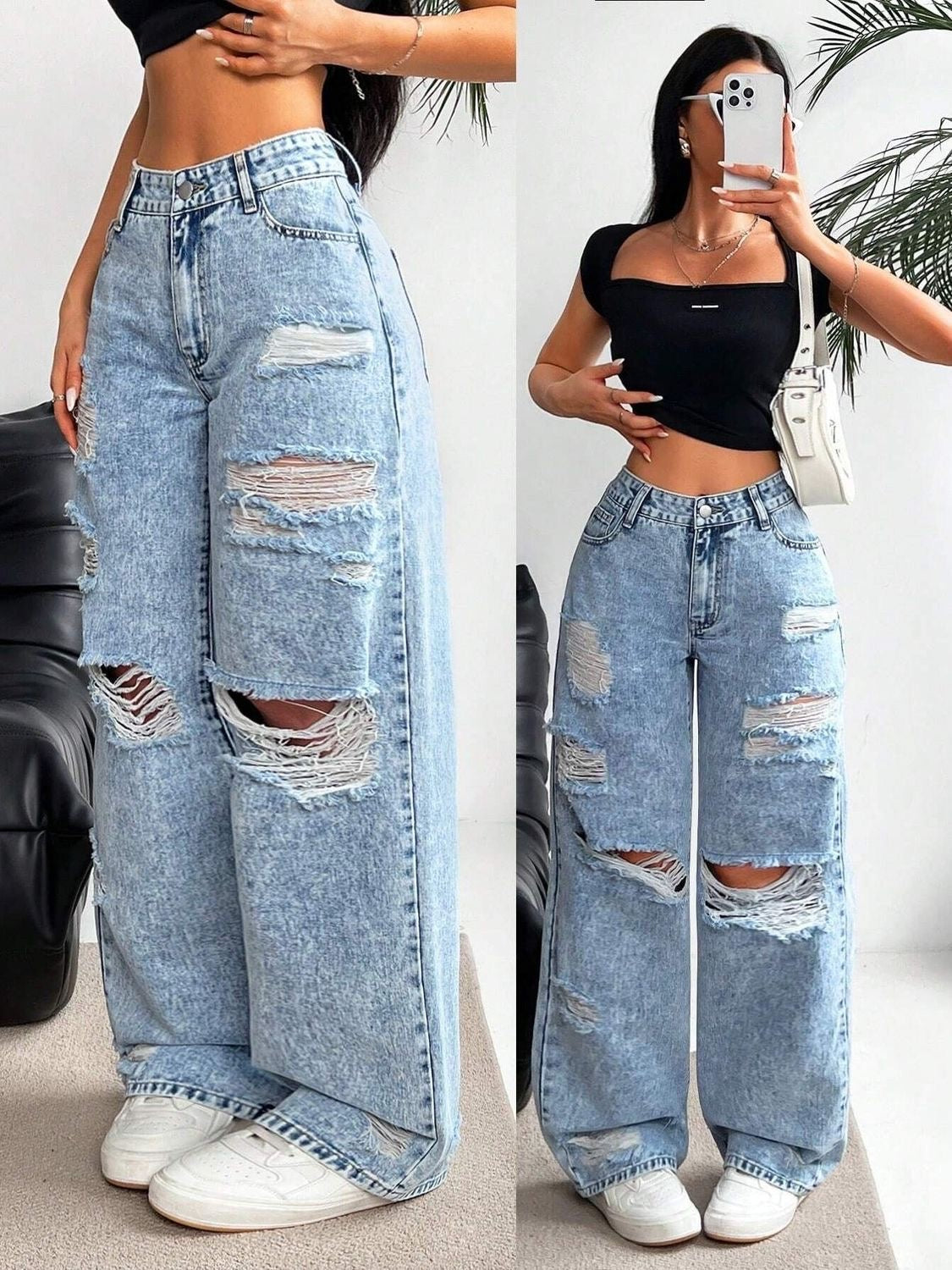 Distressed Denim Wide-Leg Jeans 🌟