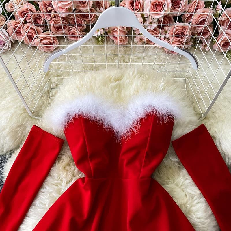 Enchanting Christmas Feather Trim Dress