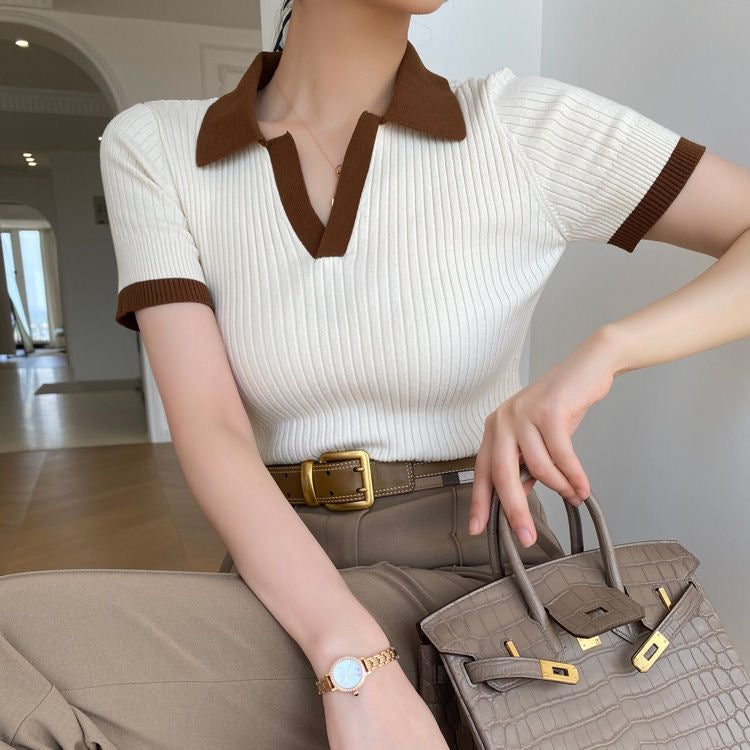 V-Neck Contrast Trim Knit Tops
