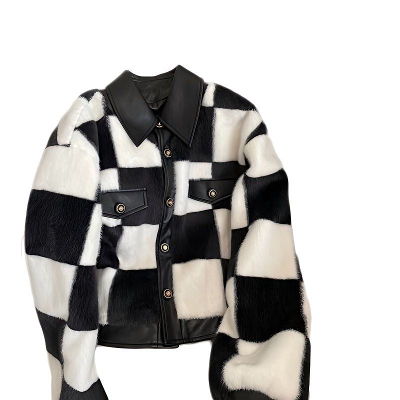 Checkered Faux Fur & Leather Jacket