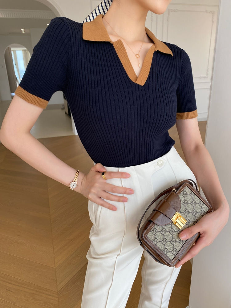 V-Neck Contrast Trim Knit Tops