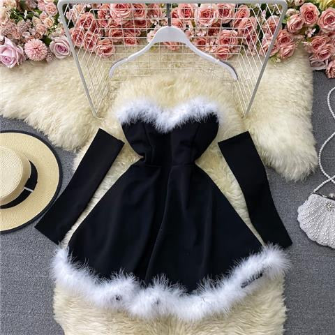Enchanting Christmas Feather Trim Dress