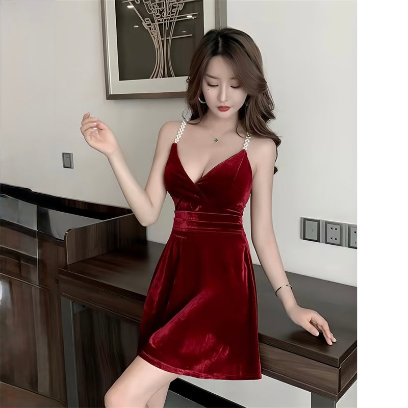 Pearl-Strap Velvet Slip Dress 💋