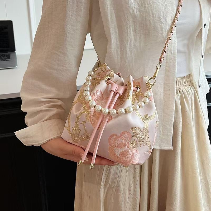 Blush Elegance Pearl-Embellished Bucket Bag