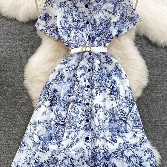 Blue & White Floral Midi Dress